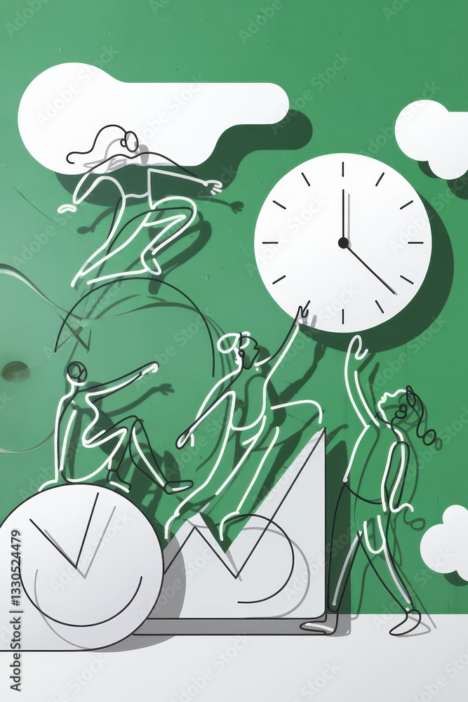 Poster dynamic illustration of teamwork and time management with minimalist line art on a green background