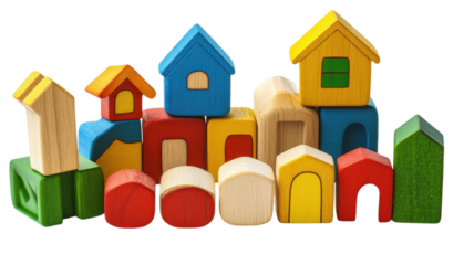 Colorful wooden building blocks arranged in various shapes and sizes for imaginative play and creativity