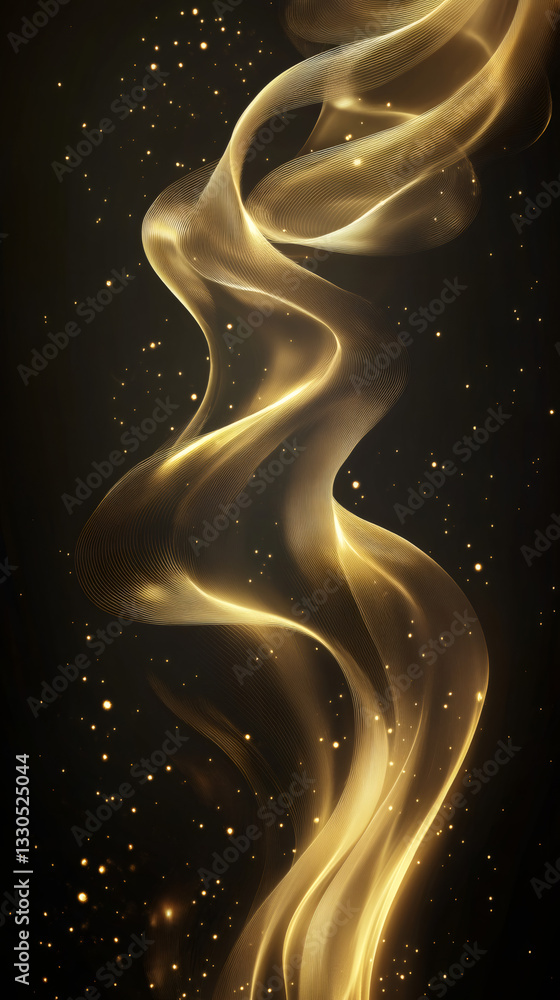 Poster Flowing abstract golden waves undulate gracefully against a dark background, illuminated by shimmering particles that evoke elegance and luxury