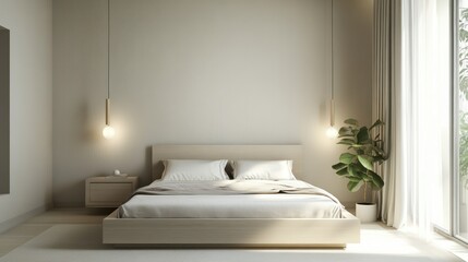 A sleek minimalist bedroom with a pale ash wood bed, soft white and grey decor, and soft lighting from elegant wall lamps