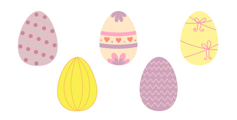 Easter egg collection colorful decorated in festive tones holiday symbol, flat style hand drawn vector illustration for spring celebration time decor, greeting cards, invitations, banners, web design