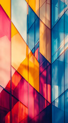 Fototapeta premium Modern architecture showcases vibrant, colorful glass panels that form an abstract design, reflecting the sky and creating a stunning visual impact