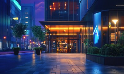 A contemporary street view of a well-lit modern building, showcasing a bright city atmosphere with clean architectural lines and vibrant lighting in a .