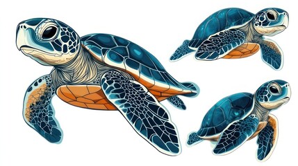 Three sea turtles in various swimming poses, detailed illustration