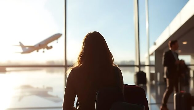 travel by plane, woman passenger waiting in airport, silhouette of passenger watching aircraft taking off