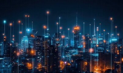 A futuristic city skyline at night with glowing lights and modern architecture, symbolizing technological progress and urban sophistication