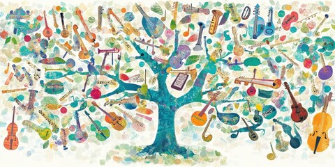 A brightly colored tree bearing musical instruments as its fruit