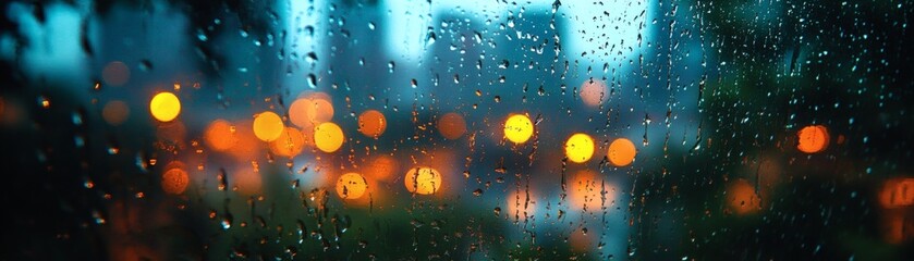 Fototapeta premium Blurred raindrops on window. This image captures the essence of a rainy night scene. The bokeh effect of the lights creates a dreamy and romantic ambiance.