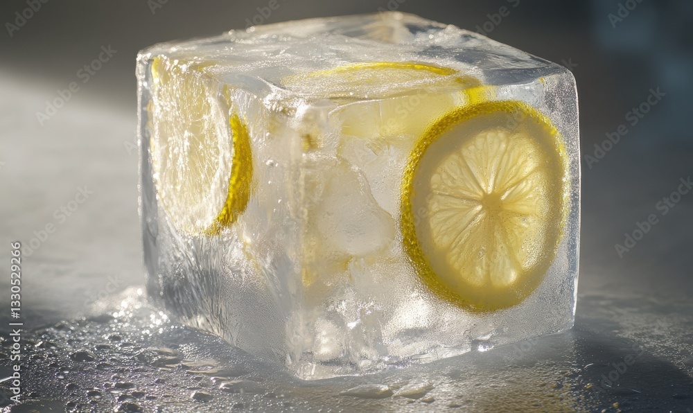 Poster lemon slices encased within a clear, square ice cube. refreshing.