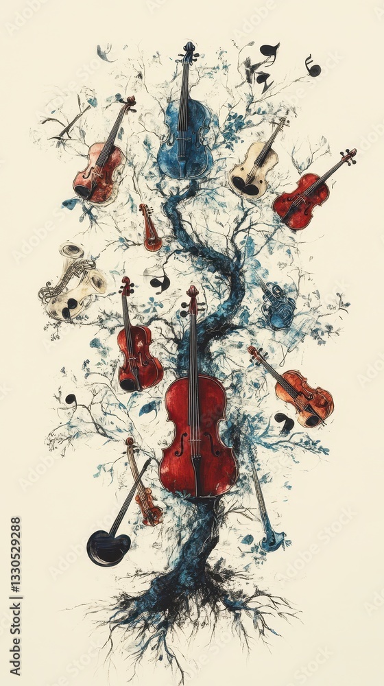 Poster a musical tree showcasing string instruments with floating notes