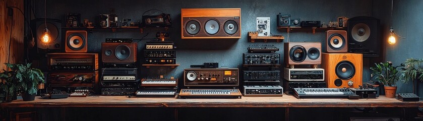 Fototapeta premium a collection of vintage music studio equipment arranged on a wooden shelf in a home studio, with a dark background. There's a retro feel with a collection of speakers, a mixer.