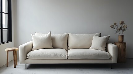Couch for pillows, stool, vase, wall, window, room.