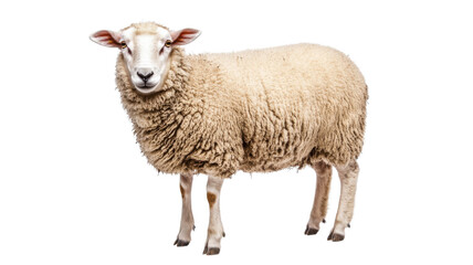 Obraz premium Sheep standing calmly in a bright meadow, showcasing its fluffy wool and curious expression during midday