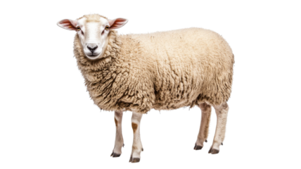 Sheep standing calmly in a bright meadow, showcasing its fluffy wool and curious expression during midday