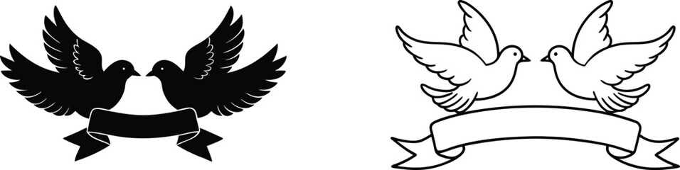 Two Doves, Black and White, Banner, Clipart, Symbols, Peace, Love, Unity, Wedding, Illustration