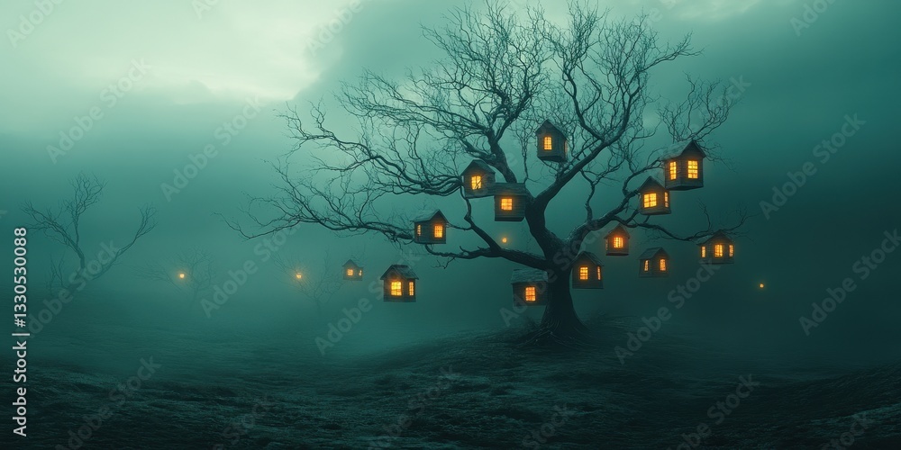 Poster a spooky tree adorned with small illuminated house structures
