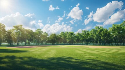 Obraz premium A tranquil baseball field featuring green grass, bases, and a pitcher's mound. Surrounded by dense trees under a blue sky with scattered clouds, it exudes calmness and charm.