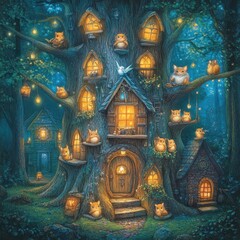 Obraz premium A whimsical tree home hosts small forest animals with glowing lights