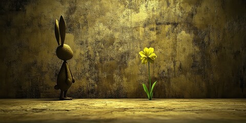 A brown rabbit stands looking at a bright yellow flower