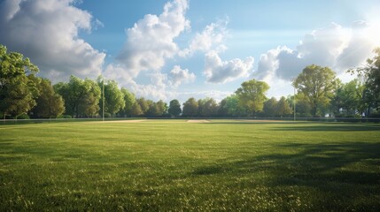 A vibrant baseball field with lush green grass, pitcher's mound, and home plate, framed by trees, stadium lights, and a bright blue sky with scattered white clouds.