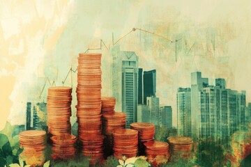 stacks of coins and a graph showing growth on a city background, in the style of double exposure photography Generative AI