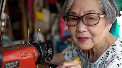 An elderly woman is focused on sewing at her home workshop, skillfully using a vintage sewing machine amidst a vibrant array of fabrics and tools, showcasing her craftsmanship