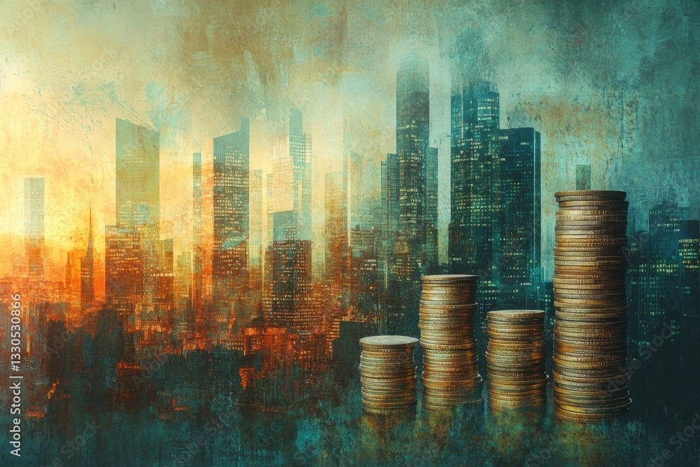 Poster a graph showing financial growth with stacks of coins and a cityscape background, symbolizing money 