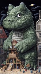 Fototapeta premium A friendly giant lizard playing with tiny houses and people