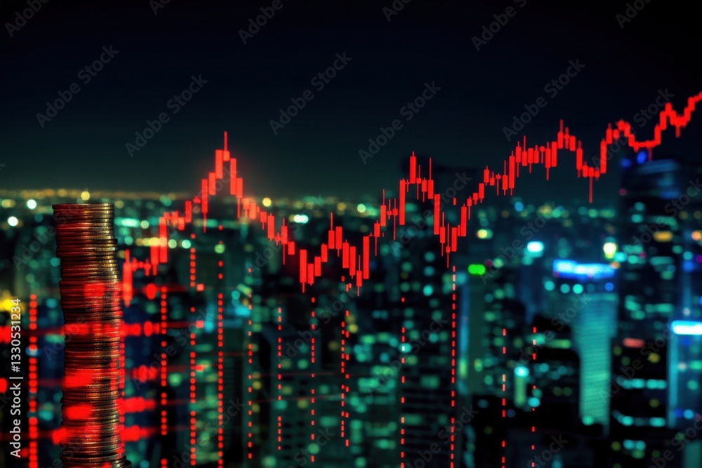 Poster a double exposure of stacked coins and an upward-trending graph line with a cityscape background, sy