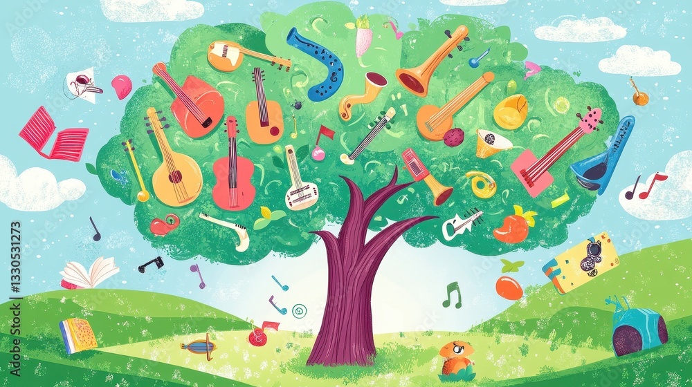 Poster musical instruments and notes flourish on a cheerful green tree