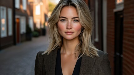 Young woman stands confidently in a stylish outfit, showcasing natural beauty against a backdrop of charming brick buildings at sunset, lighting creating a warm atmosphere
