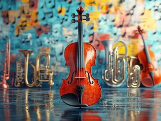 Naklejka premium 3D music poster design featuring an electric violin, brass instruments, and musical notes with vibrant colors and modern illustration style