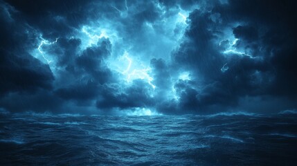 dark stormy ocean at night with dramatic lightning. The ocean is dark and choppy, and the sky is filled with dark, stormy clouds and bright blue lightning bolts.