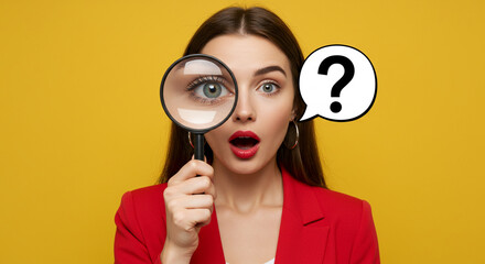 a young woman in a red jacket holding a magnifying glass to her eye, with a surprised expression on her face, a large question mark beside her