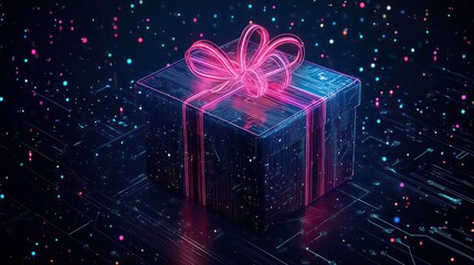 Futuristic gift box on circuit board, technological present, digital art, abstract background, 3D rendering