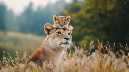 A lioness with her cub in her natural habitat.