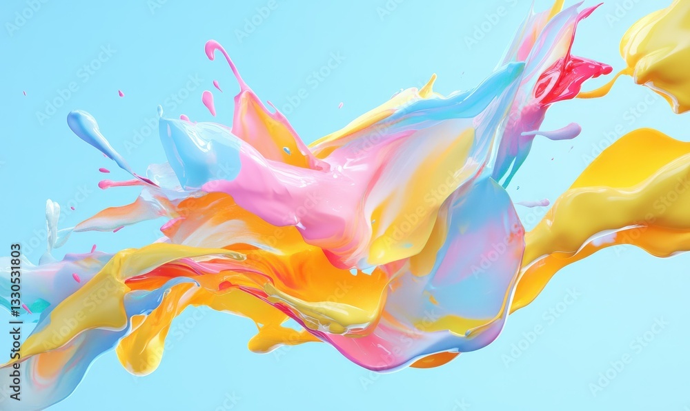 Poster abstract splash of paint in vibrant colors, frozen mid-motion to create a dynamic and eye-catching v