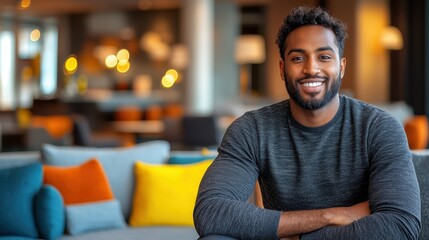 A young man with a friendly expression sits comfortably in a stylish lounge. The vibrant cushions and soft lighting create a welcoming atmosphere ideal for relaxation