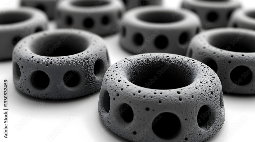 Poster conceptual abstract design with perforated concrete torus shapes in neutral gray