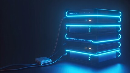 Futuristic server stack in dark studio