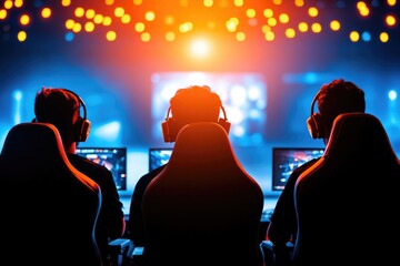 Exciting gaming tournament scene with players competing in a vibrant arena environment