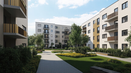 New multi-storey building with balconies and a glass facade in a modern style.