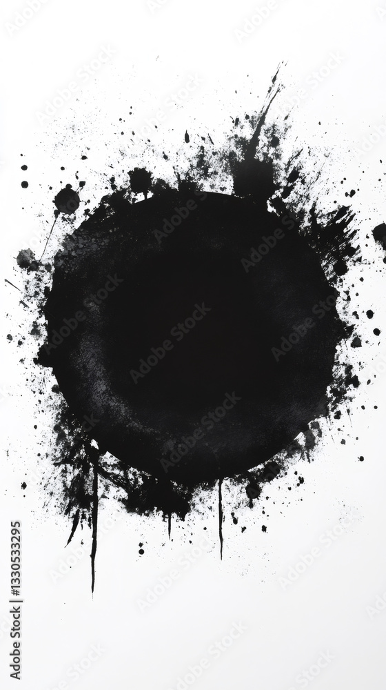 Poster Black paint splashes on a white background, forming a central circular shape surrounded by splatters and drips
