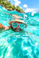 Happy man snorkeling in turquoise water