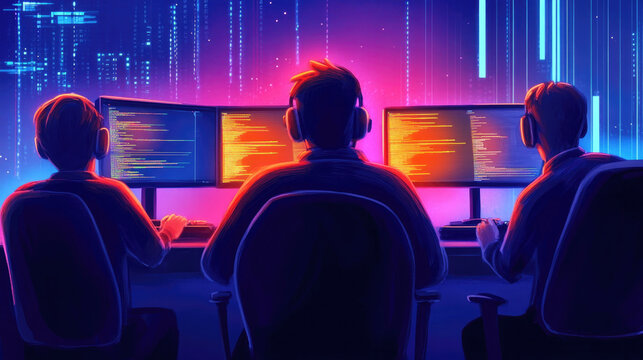 Vibrant watercolor illustration of a group of gamers immersed in collaborative video gaming experience