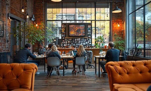 A creative workspace featuring diverse individuals collaborating in a modern, vibrant setting
