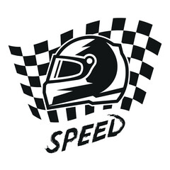 Black and white helmet illustration on racing flag. Chequered Sport racing flag with easy helmet vintage sticker. High speeds vector illustration.