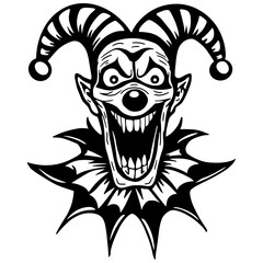 Black and white scary jester head illustration. Evil clown face design perfect for tattoos, logos, prints, Halloween, and digital projects.