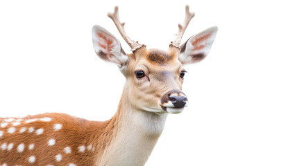 Fototapeta premium Fawn with distinctive spots and antlers stands calmly against a plain background in a serene and natural environment