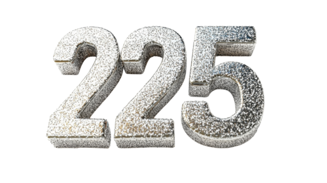 Shiny silver decorative numbers 225 for celebrations or events in a minimalist design